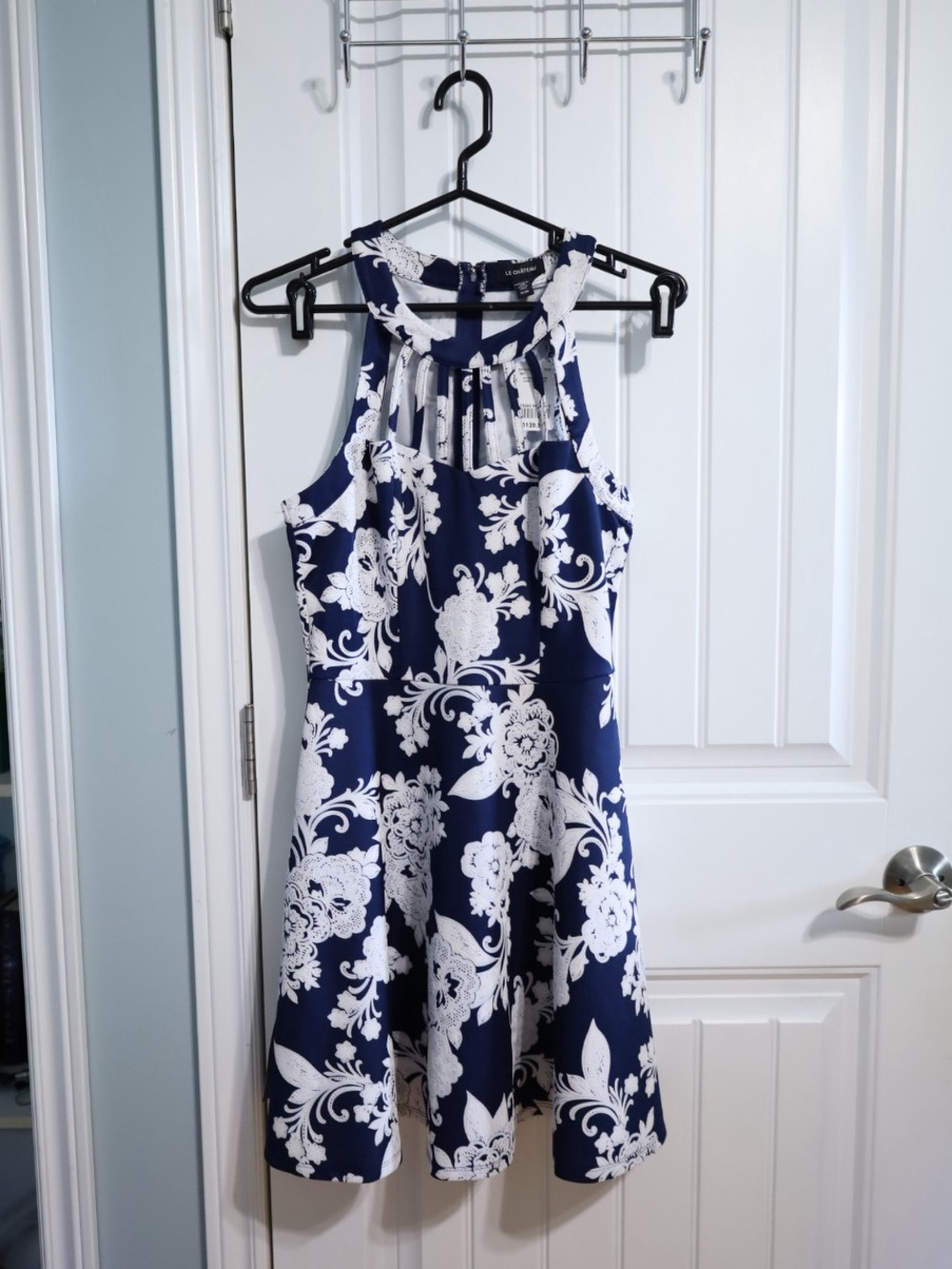 Le Château Navy White Floral Fit & Flare Halter Dress Medium - Picture 2 of 11